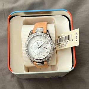 Fossil ES3889 Riley Silver Dial Leather Strap Multifunction Women's Watch -Beige